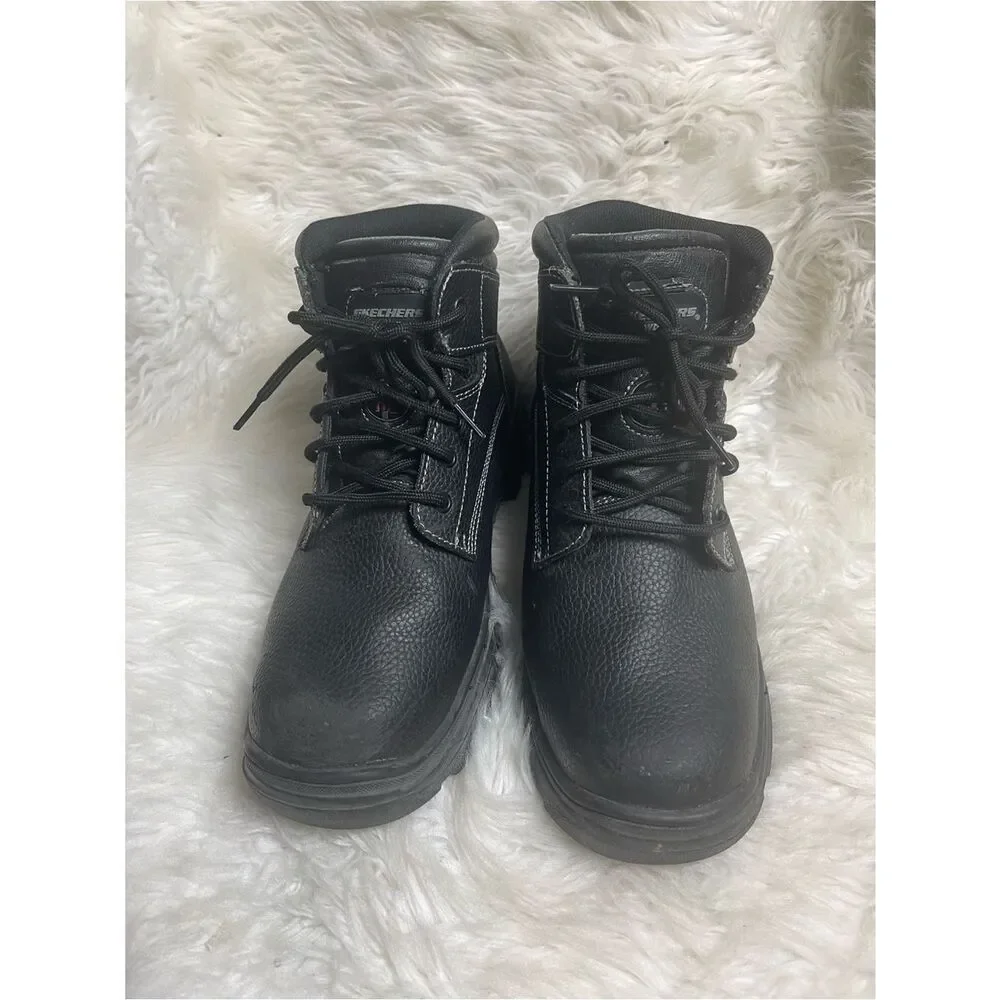 Skechers Men’s steel toe work leather Black Lace-Up Work Boots SZ 12